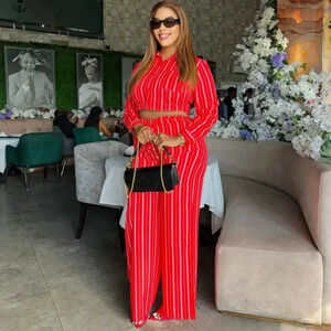 ZARA African Striped Button Shirt & Wide-Leg Pants Plus Set